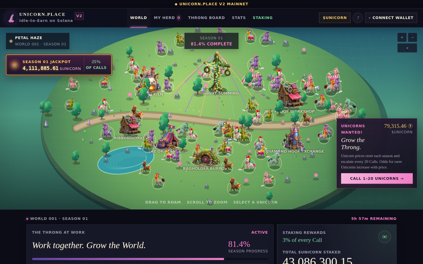 UNICORN.PLACE V2 world map with unicorn herd, season jackpot, and staking panel